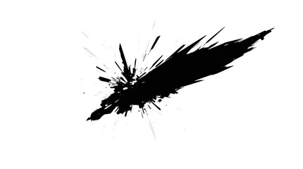 Dynamic black ink splash explosion with sharp radiating lines and scattered droplets on a white background.