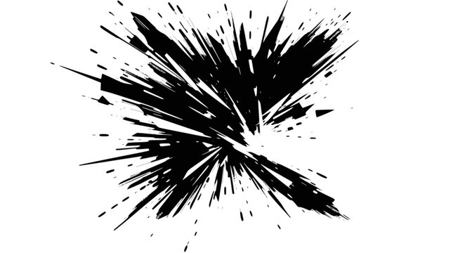 Abstract black ink splash with shattered and explosive dynamic brush stroke effect.