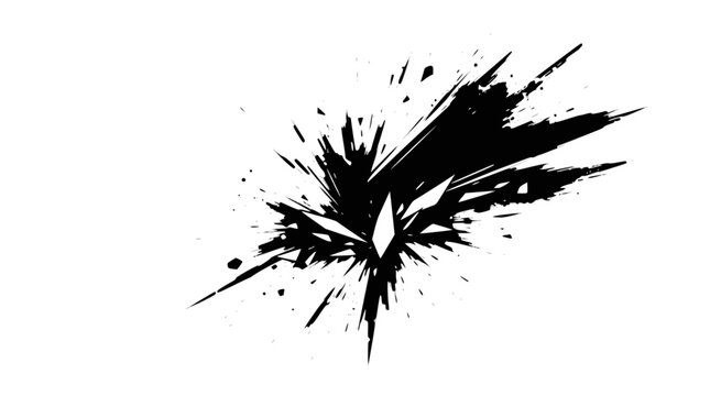 A dynamic black ink splatter with sharp, jagged edges exploding outwards on a clean white background, creating an abstract and energetic visual.