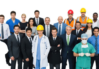 Diverse professionals (men, women, various ages) holding a blank white banner on a transparent studio background with soft lighting, concept of occupational diversity and unity