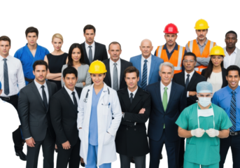 Diverse professionals (men, women, various ages) holding a blank white banner on a transparent studio background with soft lighting, concept of occupational diversity and unity