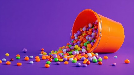 Colorful candies spilling from orange bucket
