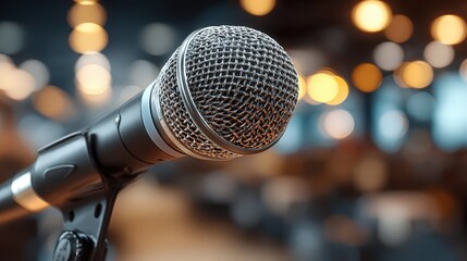 Microphone setup in conference seminar room ready for speaker in a professional event setting with audience anticipation