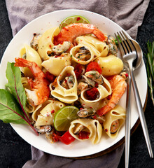 Seafood sauce italian pasta, mediterranean recipe.