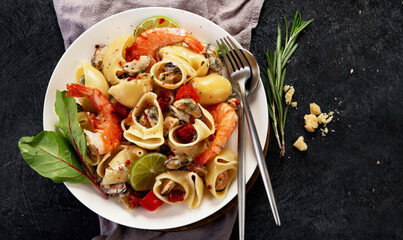 Seafood sauce italian pasta, mediterranean recipe.