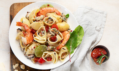 Delicious pastas with red shrimps and mussels, italian pastas, mediterranean recipe.