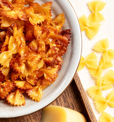 Crunchy fried pasta chips with dips.