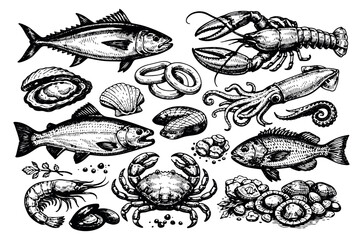 Hand drawn line art seafood set featuring fish, lobster, crab, shrimp, and shells for menu design