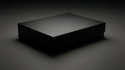 A black cube on a dark background with subtle lighting effects