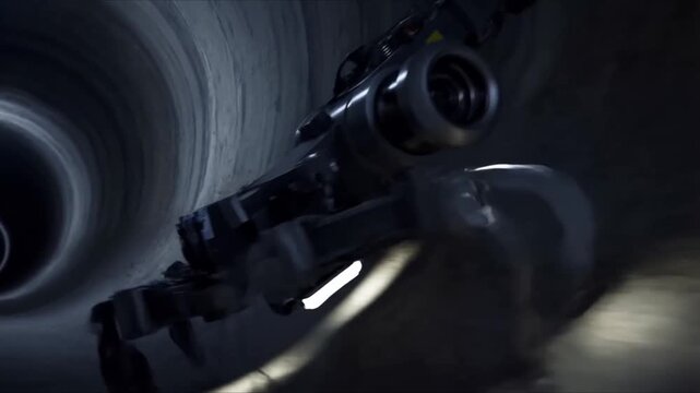 Autonomous robotic inspection crawler underground sewer pipe, camera scanning pipe interior, AI diagnostics overlays cracks, corrosion, water flow, 3D data visualizations, holographic interface, 4k