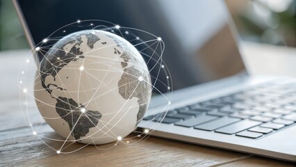 Global network connection concept with digital world globe and laptop on office desk, AI generated