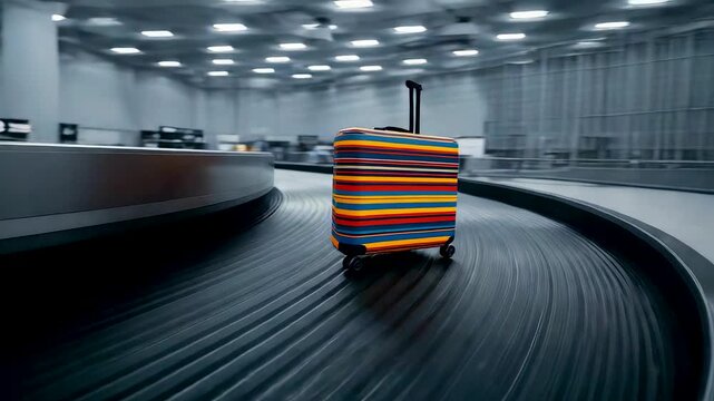 Colorful striped suitcase traveling alone on moving airport baggage carousel in empty terminal