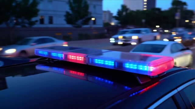 A dynamic close-up police car roof flashing blue red lights, shot from multiple cinematic angles. motion blur speed urgency. reflections city lights highway lines car&rsquo;s surface. cutaways light bar 4k