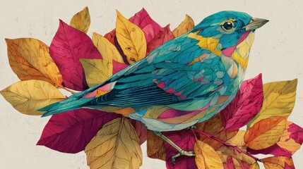 Obraz premium Colorful illustrated bird on autumn leaves