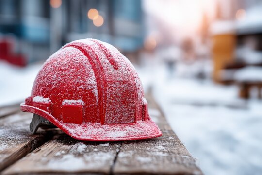 A red hard hat covered in snow rests on a wooden surface, set against a blurred winter background with soft bokeh lights.