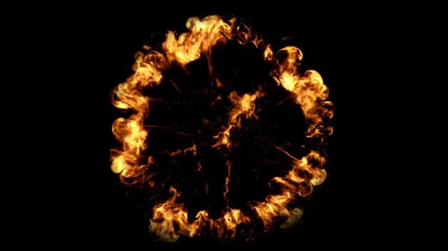 Fiery flame ring burns intensely on black background, swirling fire circle explosion effect for cinematic visuals