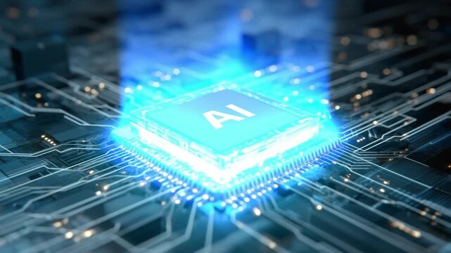 AI Chip: High-tech AI chip pulses with vibrant energy, highlighting the evolution of technology and the digital revolution.