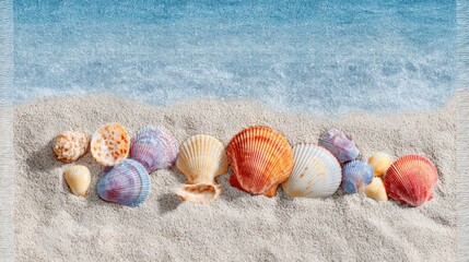 Colorful seashells on sandy beach near ocean waves