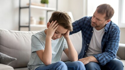 Sad young boy sitting with head in hands while father or counsellor offers emotional support at home, AI generated