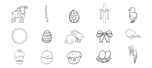 Obraz premium Easter spring basket with flowers, eggs and bows. Chickens, leaves sketchy free hand spring bouquet. Easter cute set. 