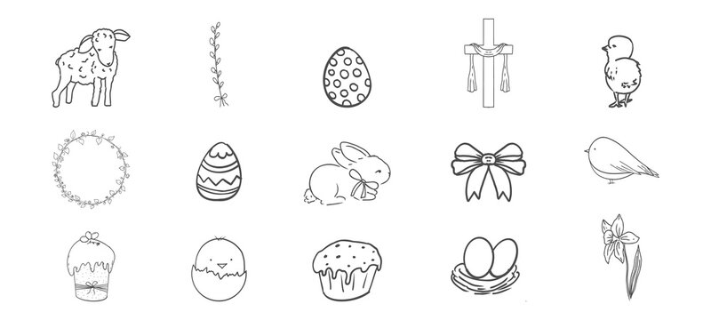 Easter spring basket with flowers, eggs and bows. Chickens, leaves sketchy free hand spring bouquet. Easter cute set. 