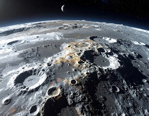 Expansive perspective of a rocky moon surface with numerous impact craters, stars, crescent moon