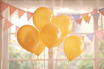 Vibrant party background with yellow helium balloons, ribbons, and diffuse sunlight for joyful marketing visuals