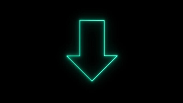 Bright neon downward arrow sign on black background. Futuristic cyan neon downward arrow graphic. Minimal neon light downward arrow symbol for download and trend.