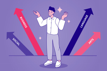 Student deciding university major concept. Young man choosing between Business, Social, Language and Arts faculties to plan future academic career path and professional specialization.