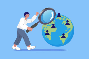 Global talent acquisition and international market research concept with man using magnifying glass to search for remote employees or target customers worldwide for business expansion strategy.