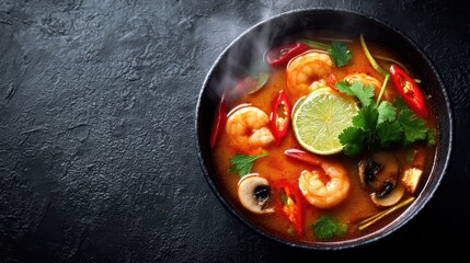 Vibrant Tom Yum soup with shrimp and aromatics in a dark bowl, overhead view