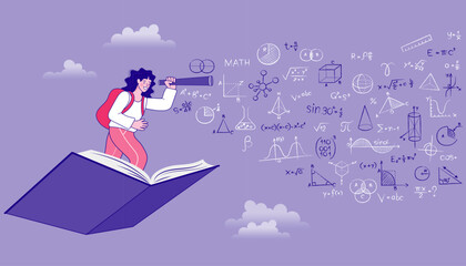 Female student on a journey of educational discovery flying on a magical open book and looking through a telescope to foresee the future of STEM learning and scientific research opportunities. © 365 days studio