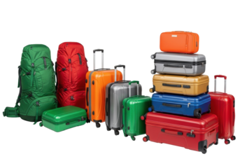 A diverse array of colorful travel luggage, including green and red hiking backpacks and various hardshell suitcases, against a transparent background, professional product display