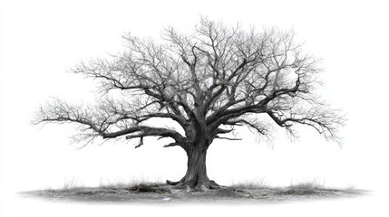 Old dark spooky dead tree stands isolated on a white background with realistic detail and characteristics of decay
