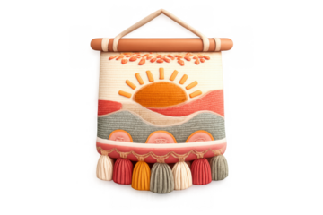 Bohemian style tapestry art with colorful sun and landscape design for home decor