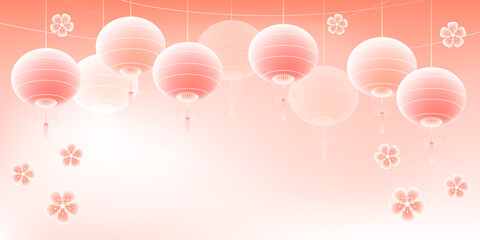 Spring Festival Chinese lanterns and flowers dreamy blurred background. Horizontal banner with copy space. Chinese New Year. Vector illustration.