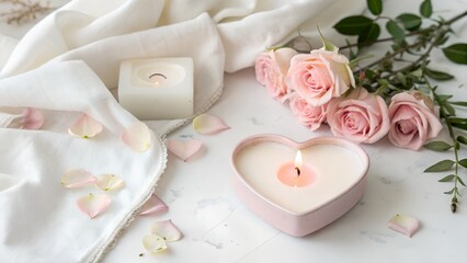 Romantic spa wellness setup with pink roses, scented candle, and heart shaped soap on white background, AI generated