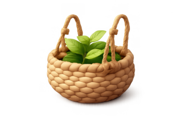 Simple woven basket icon with green leaves for design and decor projects