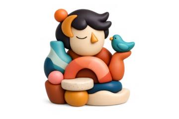 Charming cartoon sculpture with bird and abstract shapes for creative design