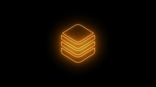 Glowing cyan neon isometric data stack icon on black background. Futuristic minimalist tech concept of layered digital storage.