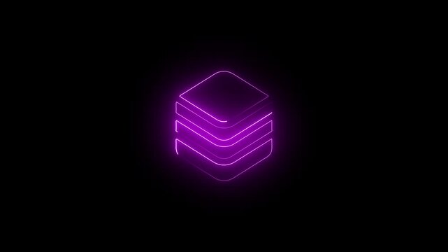 Glowing cyan neon isometric data stack icon on black background. Futuristic minimalist tech concept of layered digital storage.