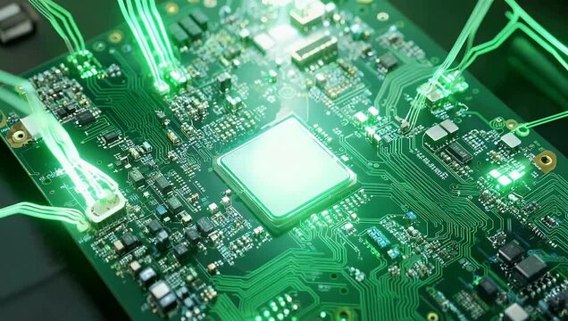 Ultra detailed 4K macro footage of printed circuit board glowing with green light as probe lens moves smoothly between electronic components showcasing advanced technology precision 