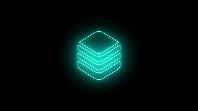 Glowing cyan neon isometric data stack icon on black background. Futuristic minimalist tech concept of layered digital storage.