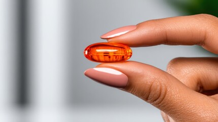 Hand holding a large orange capsule in a bright indoor setting with soft focus on background