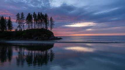 Coastal sunset over ocean with pine trees on a rocky headland and calm water reflections