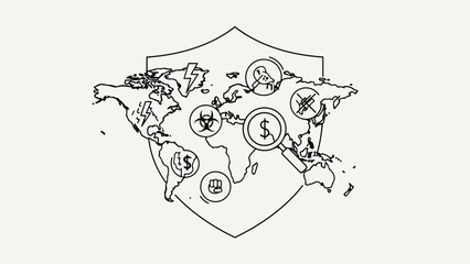 Illustration of a world map on a shield, overlaid with icons of money, biohazard, and a plane to illustrate risk and protection