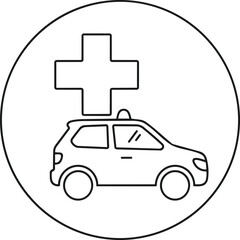 Ambulance icon. This simple graphic shows a car with a medical cross above, inside a circle. Suitable for identifying health or emergency services