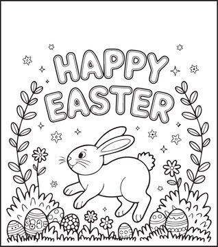 Easter bunny coloring page for kids black line art vector illustration doodle, Happy easter day coloring crafts and activities