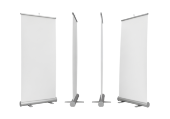 Three blank white pull-up banners, silver bases, various angles, on transparent studio background with copy space, concept for advertising display assets