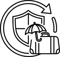 Travel insurance vector icon. Black outline depicts a shield, an umbrella, and a suitcase. The graphic may represent trip coverage or baggage safety